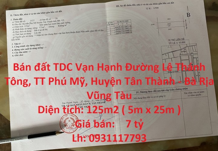 Bán đất TDC Vạn Hạnh Đường Lê Thánh Tông, TT Phú Mỹ, Huyện Tân Thành - Bà Rịa Vũng Tàu