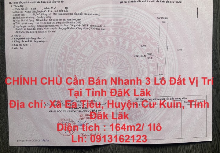 CHÍNH CHỦ Cần Bán Nhanh 3 Lô Đất Vị Trí Tại Tỉnh ĐăK Lăk