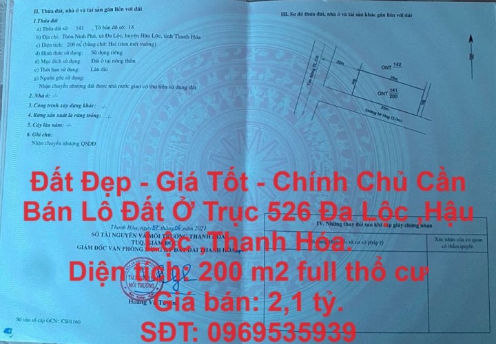 Đất Đẹp - Giá Tốt - Chính Chủ Cần Bán Lô Đất Ở Trục 526 Đa Lộc ,Hậu Lộc ,Thanh Hóa.