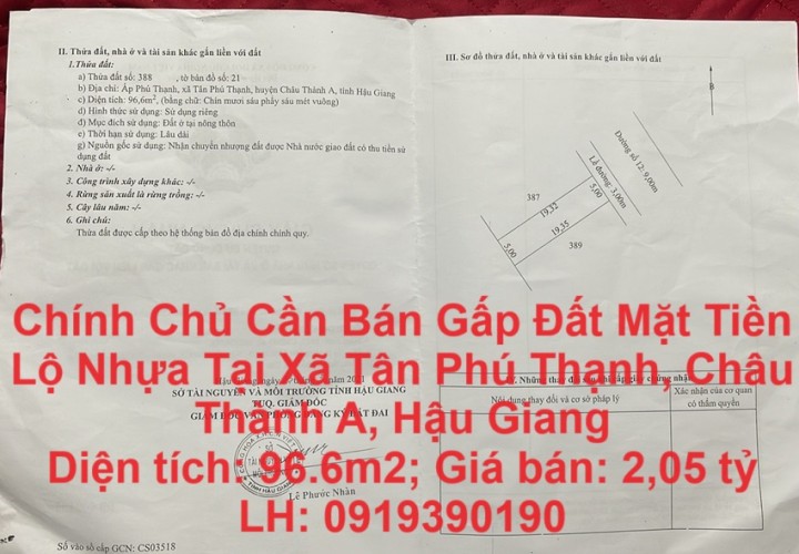 Chính Chủ Cần Bán Gấp Đất Mặt Tiền Lộ Nhựa Tại Xã Tân Phú Thạnh, Châu Thành A, Hậu Giang