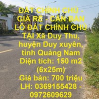 ĐẤT CHÍNH CHỦ - GIÁ RẺ - CẦN BÁN  LÔ ĐẤT CHÍNH CHỦ TẠI Xã Duy Thu, huyện Duy xuyên, tỉnh Quảng Nam