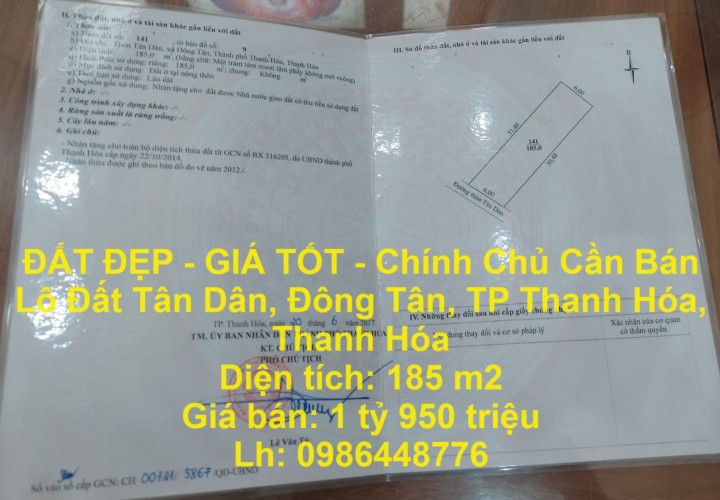 ĐẤT ĐẸP - GIÁ TỐT - Chính Chủ Cần Bán Lô Đất Tân Dân, Đông Tân, TP Thanh Hóa, Thanh Hóa