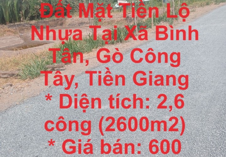 CHÍNH CHỦ Bán Đất Mặt Tiền Lộ Nhựa Tại Xã Bình Tân, Gò Công Tây, Tiền Giang