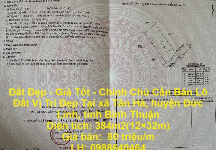 Đất Đẹp - Giá Tốt - Chính Chủ Cần Bán Lô Đất Vị Trí Đẹp Tại huyện Đức Linh, tỉnh Bình Thuận