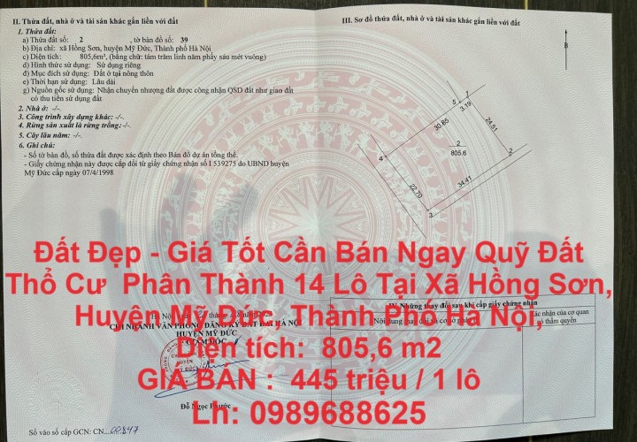 Đất Đẹp - Giá Tốt Cần Bán Ngay Quỹ Đất Thổ Cư  Phân Thành 14 Lô Tại  Hồng Sơn, Mỹ Đức.