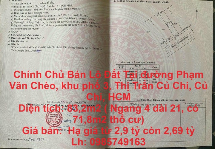 Chính Chủ Bán Lô Đất Tại đường Phạm Văn Chèo, khu phố 3, Thị Trấn Củ Chi, Củ Chi, HCM