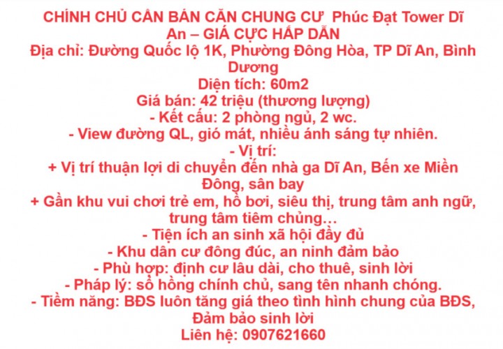 CHÍNH CHỦ CẦN BÁN CĂN CHUNG CƯ  Phúc Đạt Tower Dĩ An – GIÁ CỰC HẤP DẪN