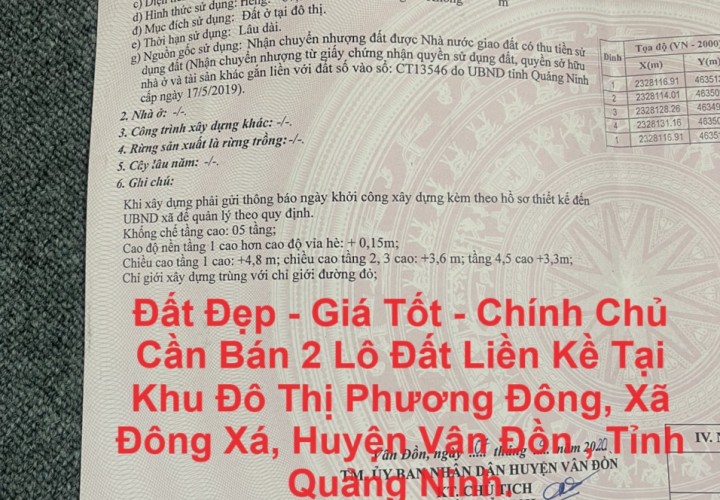 Đất Đẹp - Giá Tốt - Chính Chủ Cần Bán 2 Lô Đất Liền Kề Tại Đông Xá,Vân Đồn.