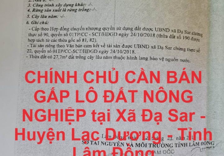 CHÍNH CHỦ CẦN BÁN GẤP LÔ ĐẤT NÔNG NGHIỆP tại  Xã Đạ Sar - Huyện Lạc Dương - Tỉnh Lâm Đồng