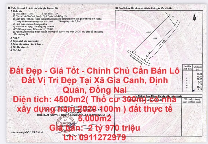 Đất Đẹp - Giá Tốt - Chính Chủ Cần Bán Lô Đất Vị Trí Đẹp Tại Xã Gia Canh, Định Quán, Đồng Nai