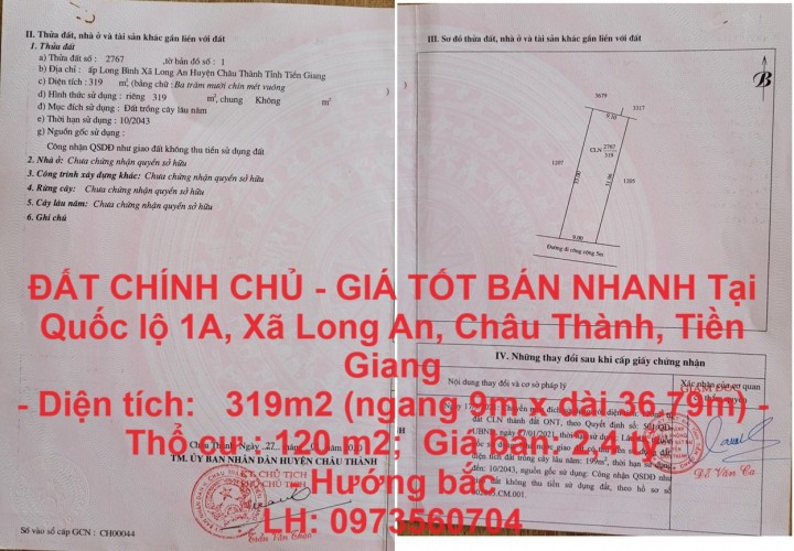 ĐẤT CHÍNH CHỦ - GIÁ TỐT BÁN NHANH Tại Quốc lộ 1A, Xã Long An, Châu Thành, Tiền Giang