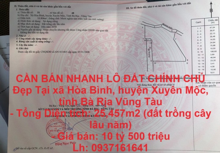 CẦN BÁN NHANH LÔ ĐẤT CHÍNH CHỦ Đẹp Tại xã Hòa Bình, huyện Xuyên Mộc, tỉnh Bà Rịa Vũng Tàu