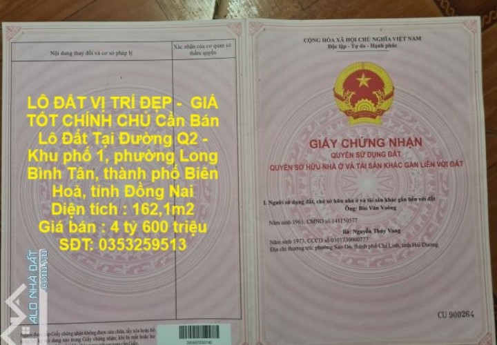 LÔ ĐẤT VỊ TRÍ ĐẸP -  GIÁ TỐT CHÍNH CHỦ Cần Bán Lô Đất Tại Tp Biên Hòa, tỉnh Đồng Nai