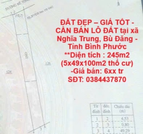 ĐẤT ĐẸP – GIÁ TỐT - CẦN BÁN LÔ ĐẤT tại xã Nghĩa Trung, Bù Đăng - Tỉnh Bình Phước