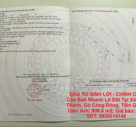 ĐẦU TƯ SINH LỜI - CHÍNH CHỦ Cần Bán Nhanh Lô Đất Tại Xã Tân Thành, Gò Công Đông, Tiền Giang