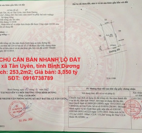 CHÍNH CHỦ CẦN BÁN NHANH LÔ ĐẤT TẠI Thị xã Tân Uyên, tỉnh Bình Dương