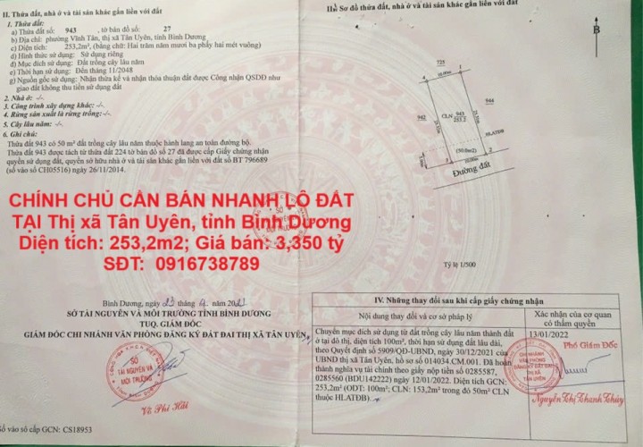 CHÍNH CHỦ CẦN BÁN NHANH LÔ ĐẤT  TẠI Thị xã Tân Uyên, tỉnh Bình Dương