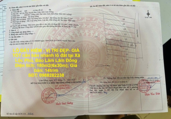LÔ ĐẤT HIẾM - VỊ TRÍ ĐẸP- GIÁ TỐT cần bán nhanh lô đất tại Xã Lộc Phú, Bảo Lâm Lâm Đồng