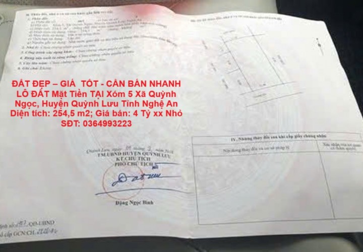 ĐẤT ĐẸP – GIÁ  TỐT - CẦN BÁN NHANH LÔ ĐẤT Mặt Tiền TẠI Xóm 5 Xã Quỳnh Ngọc, Huyện Quỳnh Lưu Tỉnh Nghệ An