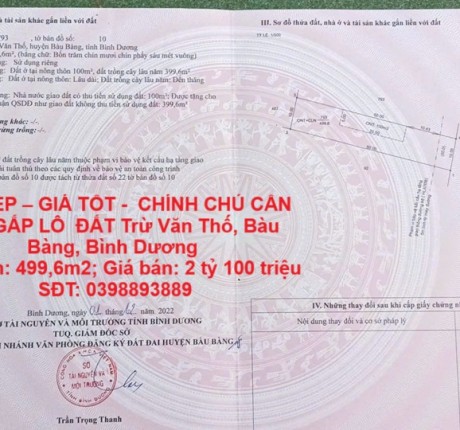 ĐẤT ĐẸP – GIÁ TỐT - CHÍNH CHỦ CẦN BÁN GẤP LÔ ĐẤT Trừ Văn Thố, Bàu Bàng, Bình Dương