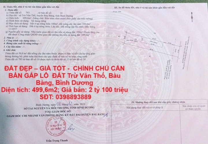 ĐẤT ĐẸP – GIÁ TỐT -  CHÍNH CHỦ CẦN BÁN GẤP LÔ  ĐẤT Trừ Văn Thố, Bàu Bàng, Bình Dương