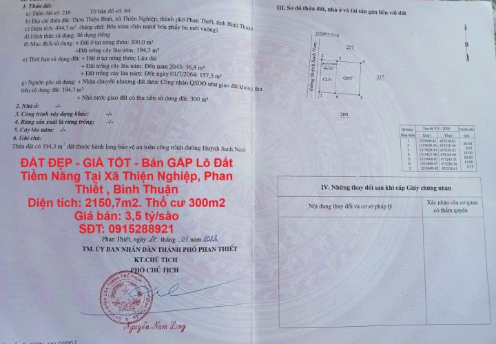ĐẤT ĐẸP - GIÁ TỐT - Bán GẤP Lô Đất Tiềm Năng Tại Xã Thiện Nghiệp, Phan Thiết , Bình Thuận