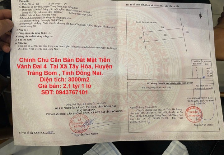 Chính Chủ Cần Bán Đất Mặt Tiền Vành Đai 4  Tại Xã Tây Hòa, Huyện Trảng Bom , Tỉnh Đồng Nai.