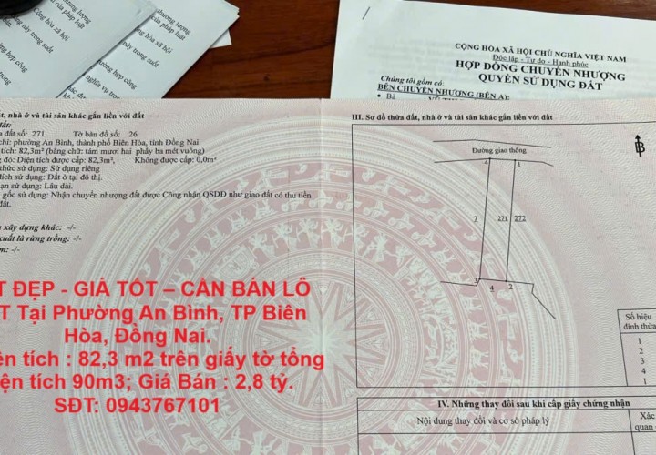 ĐẤT ĐẸP - GIÁ TỐT – CẦN BÁN LÔ ĐẤT Tại Phường An Bình, TP Biên Hòa, Đồng Nai.