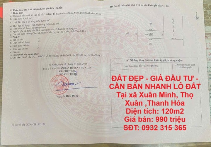 ĐẤT ĐẸP - GIÁ ĐẦU TƯ - CẦN BÁN NHANH LÔ ĐẤT Tại xã Xuân Minh, Thọ Xuân ,Thanh Hóa