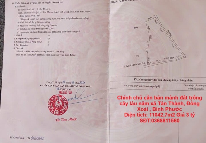 Chính chủ cần bán mảnh đất trồng cây lâu năm xã Tân Thành, Đồng Xoài , Bình Phước