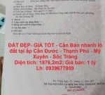 ĐẤT ĐẸP- GIÁ TỐT - Cần Bán nhanh lô đất tại ấp Cần Đước - Thạnh Phú - Mỹ Xuyên - Sóc Trăng