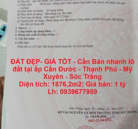 ĐẤT ĐẸP- GIÁ TỐT - Cần Bán nhanh lô đất tại ấp Cần Đước - Thạnh Phú - Mỹ Xuyên - Sóc Trăng