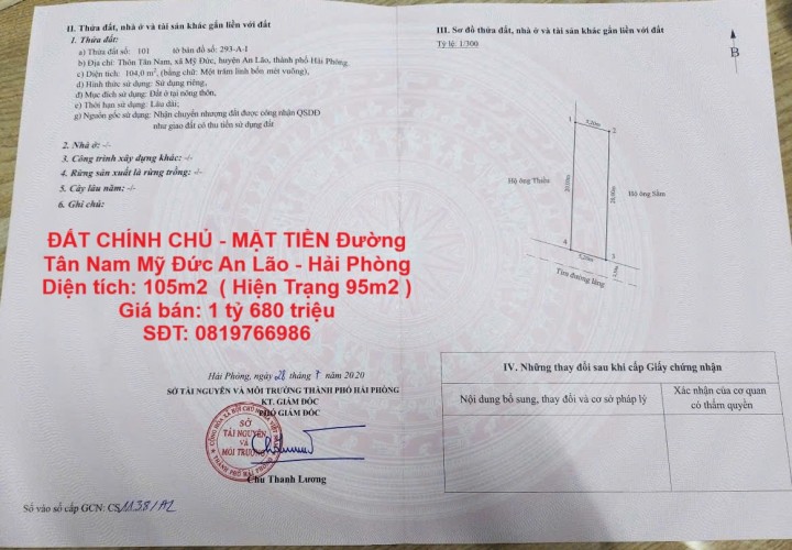 ĐẤT CHÍNH CHỦ - MẶT TIỀN Đường Tân Nam Mỹ Đức An Lão - Hải Phòng