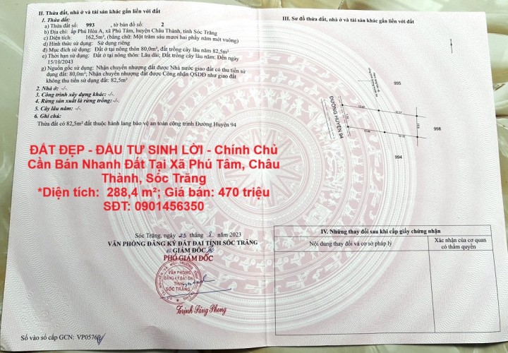 ĐẤT ĐẸP - ĐẦU TƯ SINH LỜI - Chính Chủ Cần Bán Nhanh Đất Tại Xã Phú Tâm, Châu Thành, Sóc Trăng