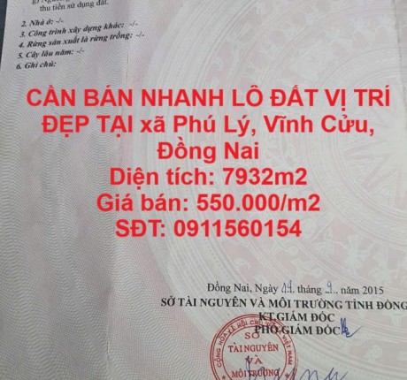 CẦN BÁN NHANH LÔ ĐẤT VỊ TRÍ ĐẸP TẠI xã Phú Lý, Vĩnh Cửu, Đồng Nai