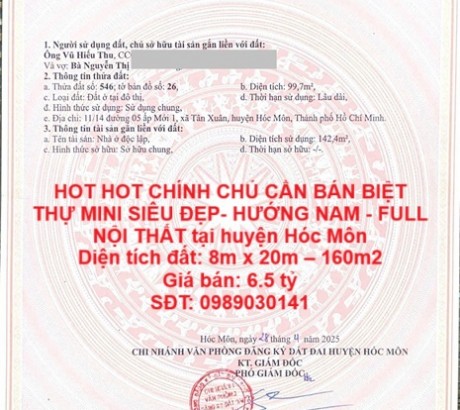 HOT HOT CHÍNH CHỦ CẦN BÁN BIỆT THỰ MINI SIÊU ĐẸP- HƯỚNG NAM - FULL NỘI THẤT tại huyện Hóc Môn