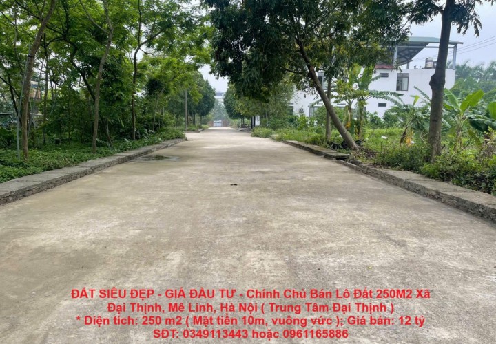 ĐẤT SIÊU ĐẸP - GIÁ ĐẦU TƯ - Chính Chủ Bán Lô Đất 250M2 Xã Đại Thịnh, Mê Linh, Hà Nội ( Trung Tâm Đại Thịnh )