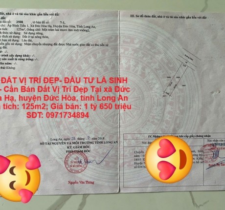 LÔ ĐẤT VỊ TRÍ ĐẸP- ĐẦU TƯ LÀ SINH LỜI- Cần Bán Đất Vị Trí Đẹp Tại huyện Đức Hòa, tỉnh Long An