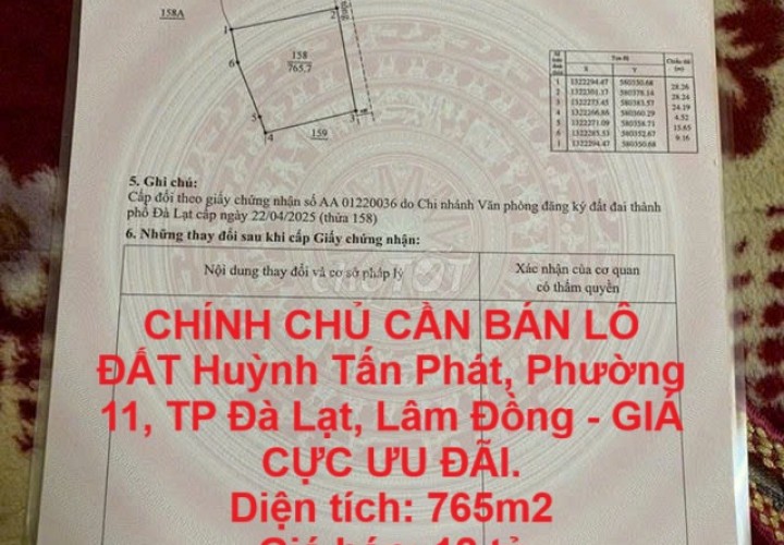 CHÍNH CHỦ CẦN BÁN LÔ ĐẤT Huỳnh Tấn Phát, Phường 11, TP Đà Lạt, Lâm Đồng - GIÁ CỰC ƯU ĐÃI.
