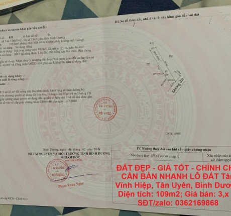 ĐẤT ĐẸP - GIÁ TỐT - CHÍNH CHỦ CẦN BÁN NHANH LÔ ĐẤT Tân Vĩnh Hiệp, Tân Uyên, Bình Dương