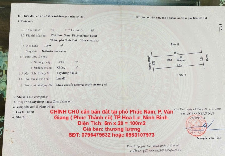 CHÍNH CHỦ cần bán đất tại phố Phúc Nam, P. Vân Giang ( Phúc Thành cũ) TP Hoa Lư, Ninh Bình.