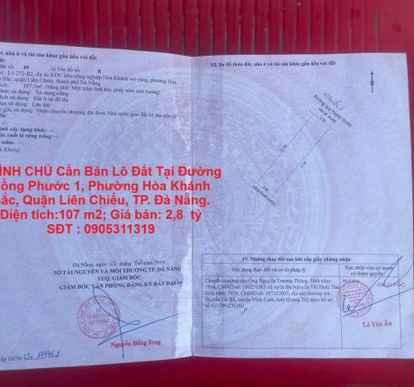 CHÍNH CHỦ Cần Bán Lô Đất Tại Đường Hồng Phước 1, Phường Hòa Khánh Bắc, Quận Liên Chiểu, TP. Đà Nẵng.