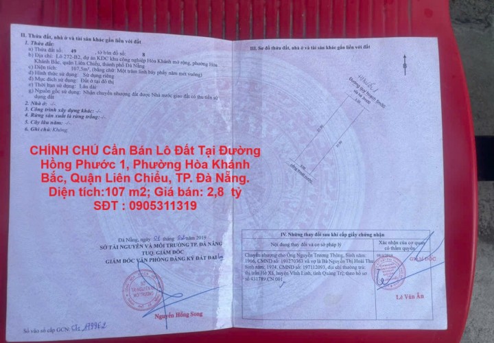 CHÍNH CHỦ Cần Bán Lô Đất Tại Đường Hồng Phước 1, Phường Hòa Khánh Bắc, Quận Liên Chiểu, TP. Đà Nẵng.