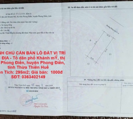 CHÍNH CHỦ CẦN BÁN LÔ ĐẤT VỊ TRÍ ĐẮC ĐỊA - huyện Phong Điền, THỪA THIÊN HUẾ