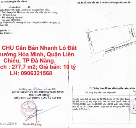CHÍNH CHỦ Cần Bán Nhanh Lô Đất Tại Phường Hòa Minh, Quận Liên Chiểu, TP Đà Nẵng.