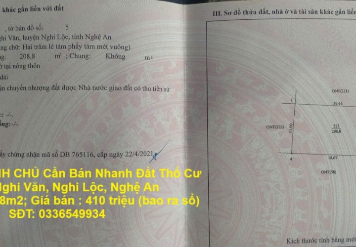 GIÁ TỐT - CHÍNH CHỦ Cần Bán Nhanh Đất Thổ Cư Tại Xã Nghi Văn, Nghi Lộc, Nghệ An