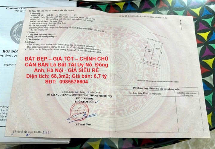 ĐẤT ĐẸP – GIÁ TỐT – CHÍNH CHỦ CẦN BÁN Lô Đất TẠI Uy Nỗ, Đông Anh, Hà Nội - GIÁ SIÊU RẺ
