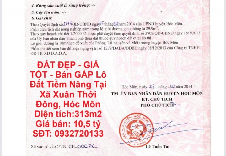 ĐẤT ĐẸP - GIÁ TỐT - Bán GẤP Lô Đất Tiềm Năng Tại Xã Xuân Thới Đông, Hóc Môn