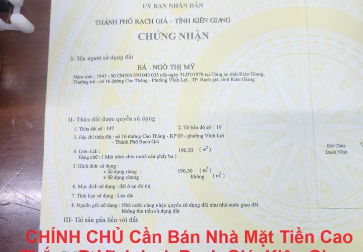 CHÍNH CHỦ Cần Bán Nhà Mặt Tiền Cao Thắng,P. Vĩnh Lợi, Rạch Giá, Kiên Giang