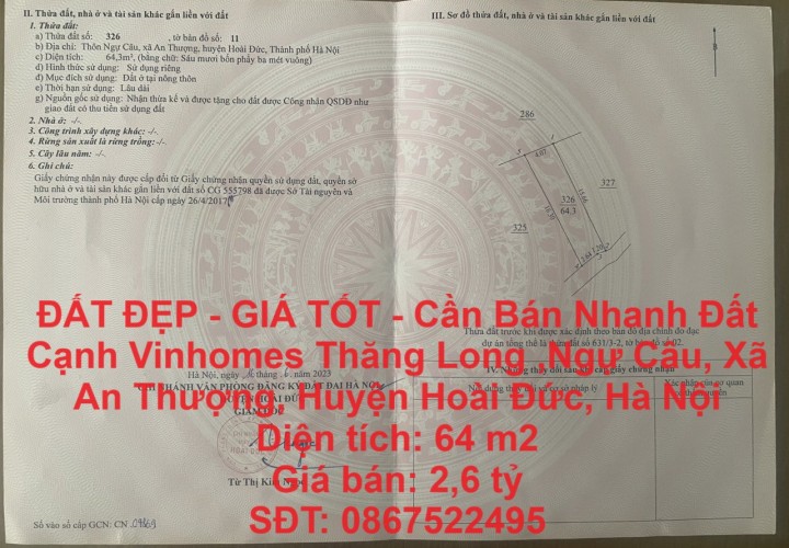 ĐẤT ĐẸP - GIÁ TỐT - Cần Bán Nhanh Đất Cạnh Vinhomes Thăng Long , An Thượng, Hoài Đức, Hà Nội